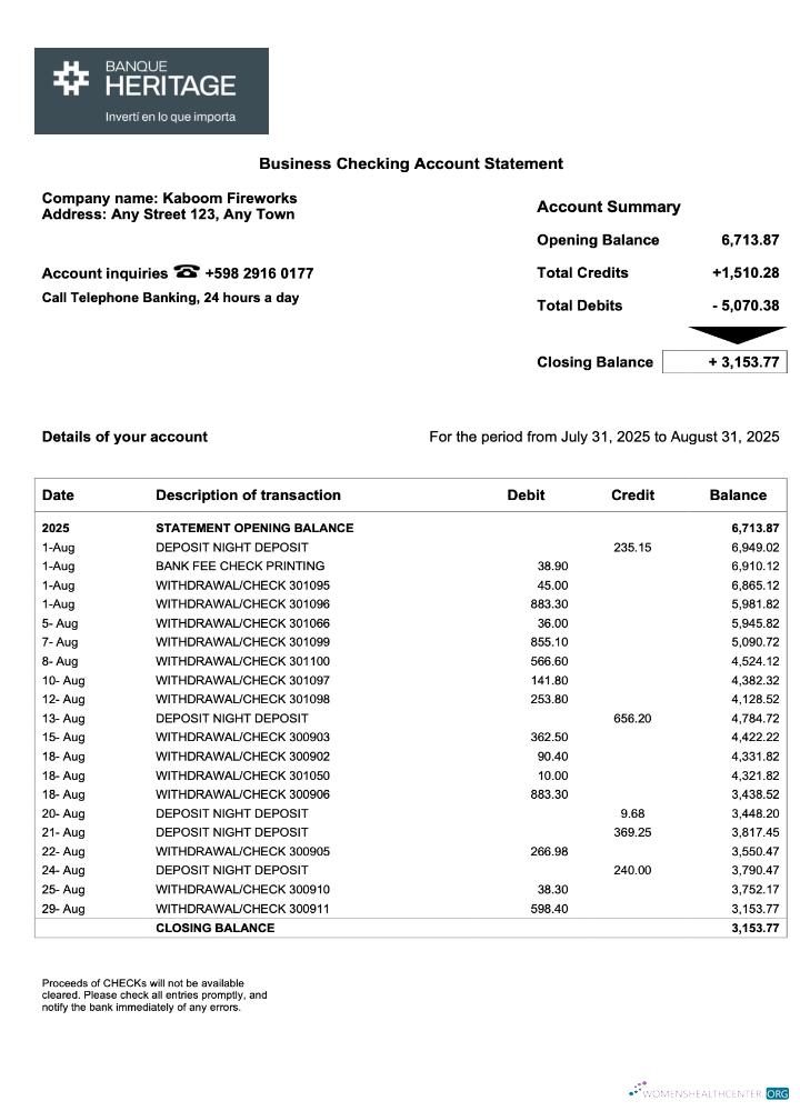 Download Uruguay Banque Heritage firm account statement Word and PDF template Photoshop template